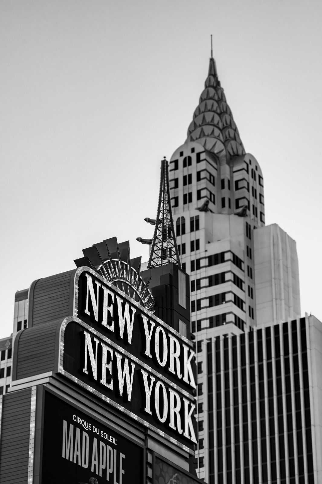 Black and white view of the New York New York hotel facade in Las Vegas